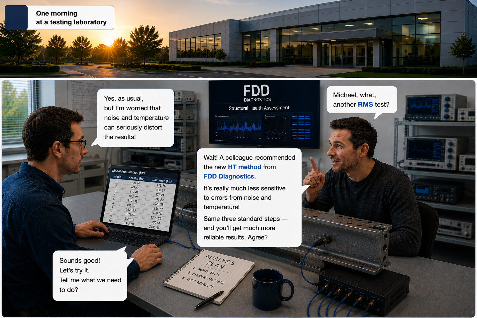 FDD Diagnostics engineers discussing RMS analysis of modal data in the lab